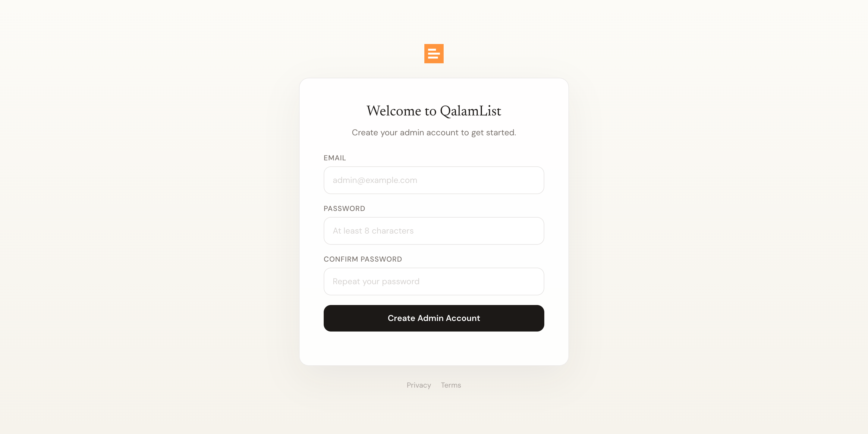 The first-run setup screen