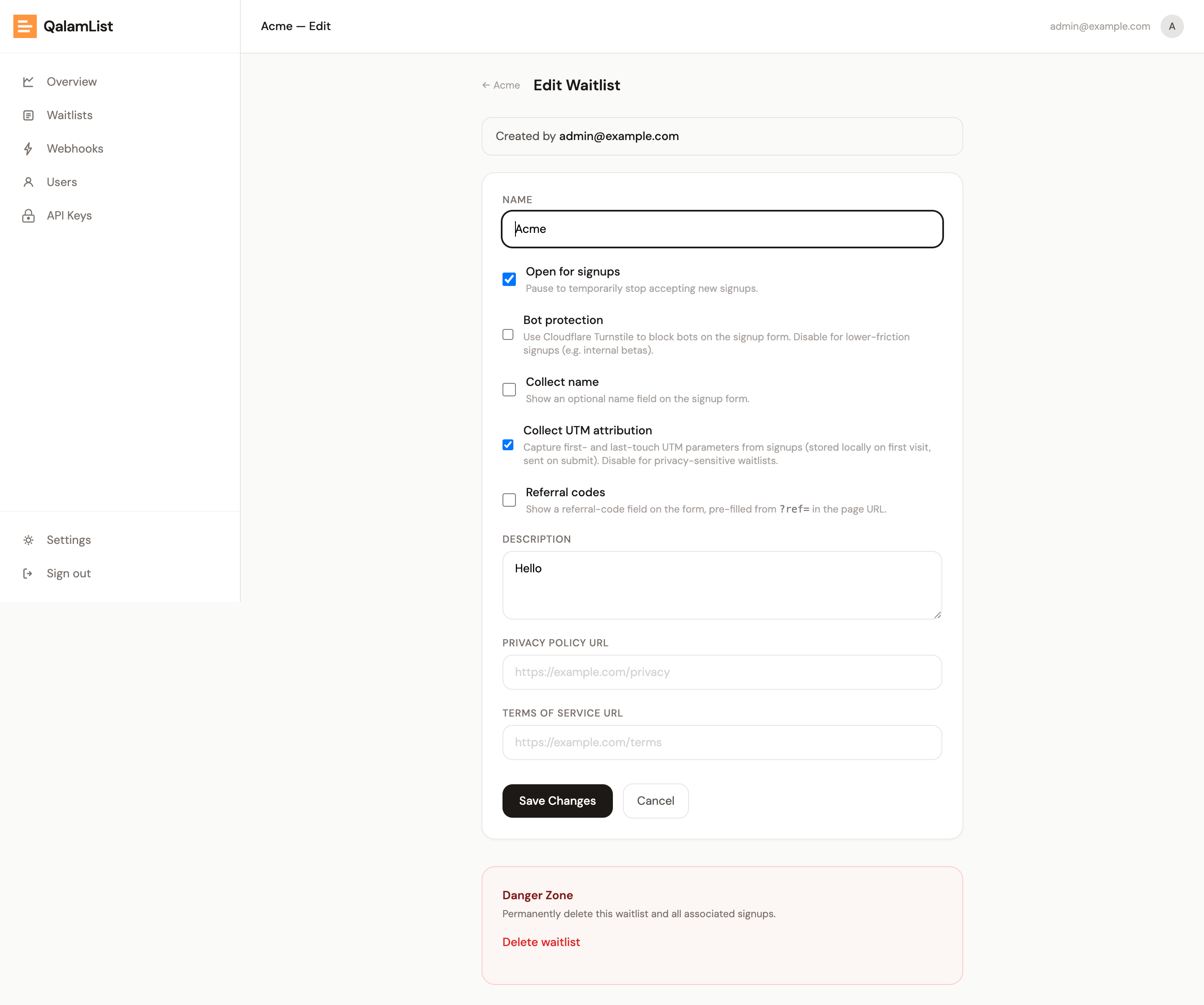 The edit waitlist page with its toggles