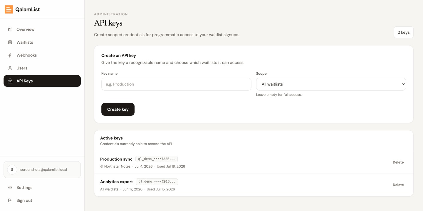 The API keys management page
