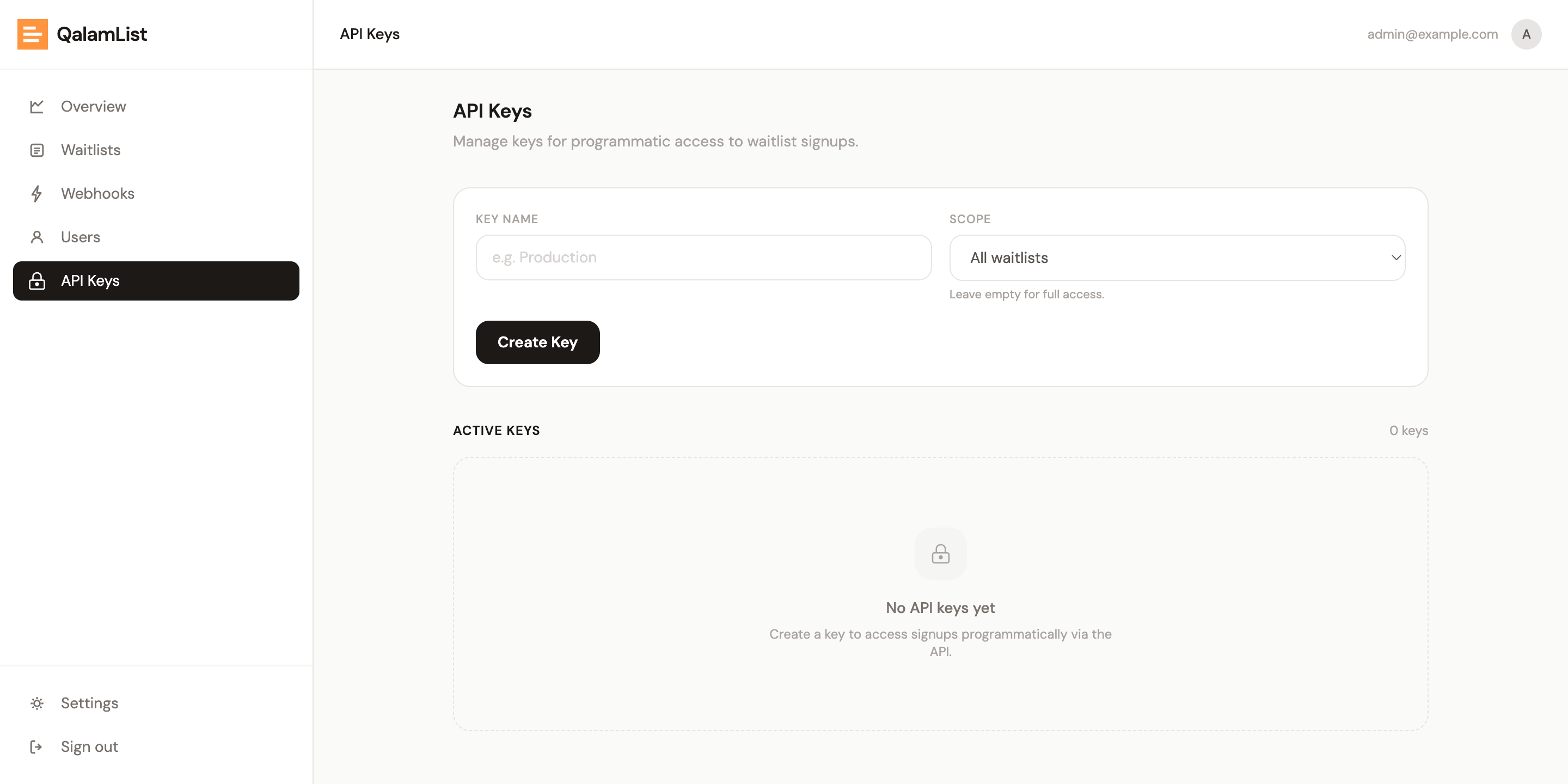 The API keys management page