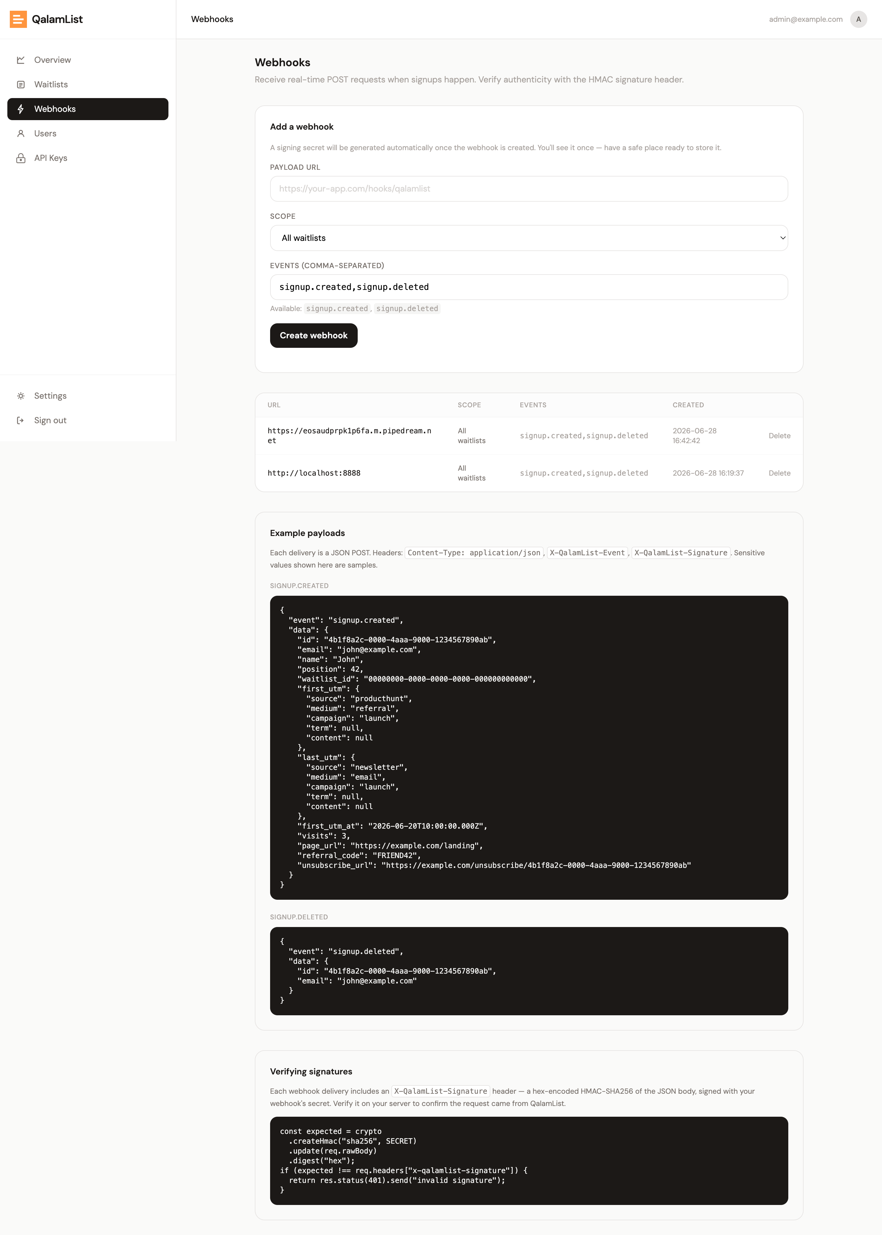 The webhooks management page