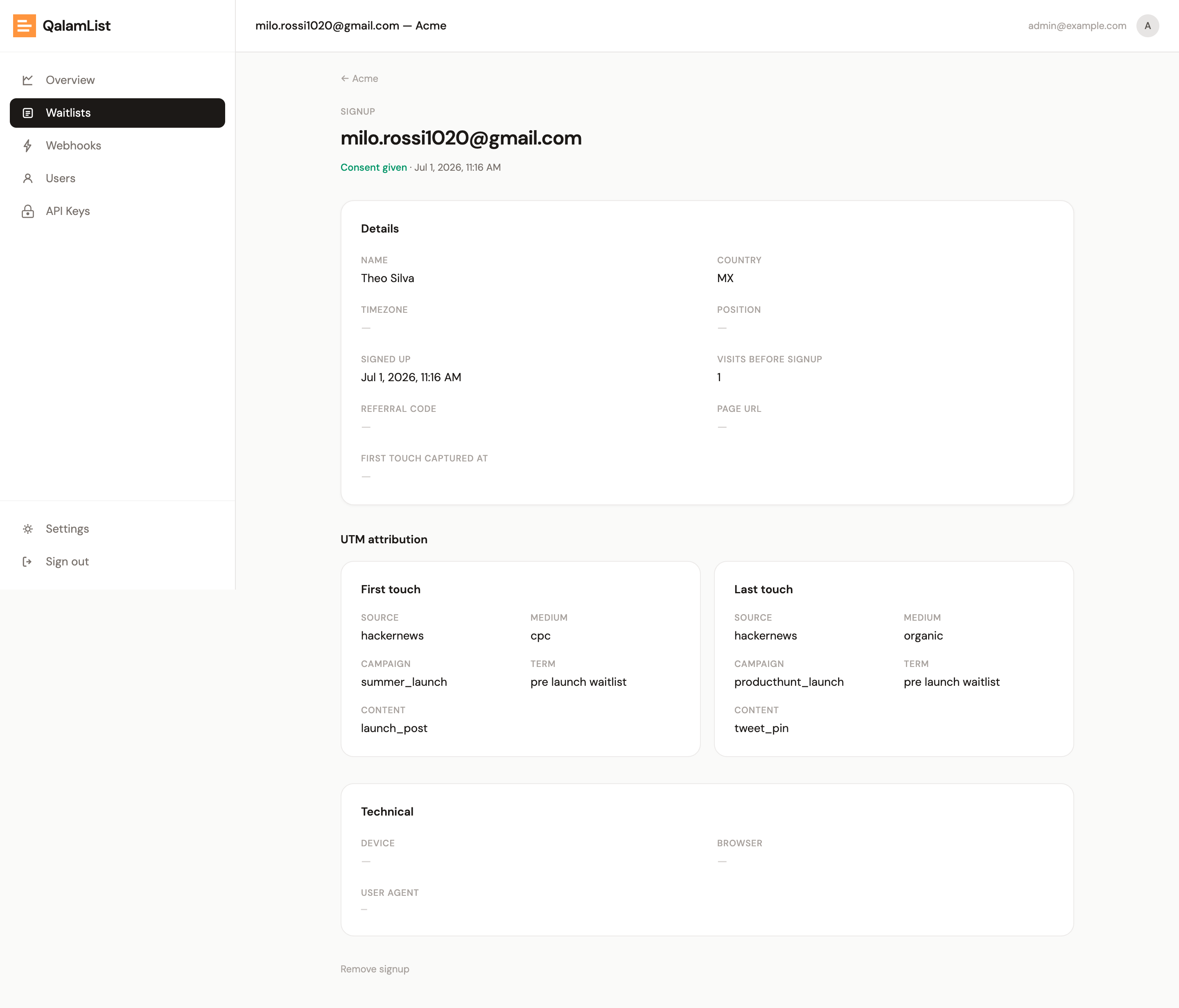 A single signup's detail view