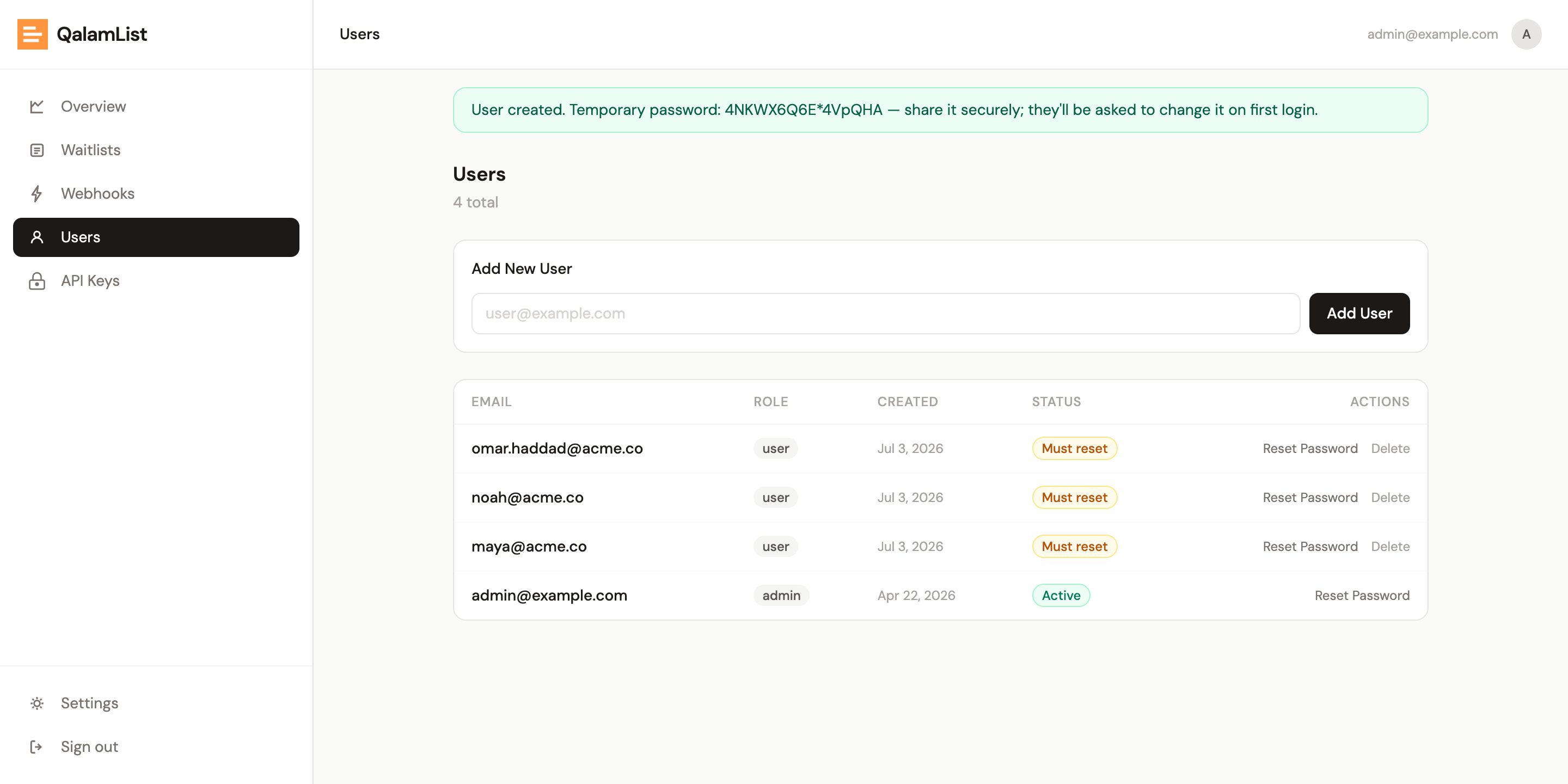 The Users page with several team members listed