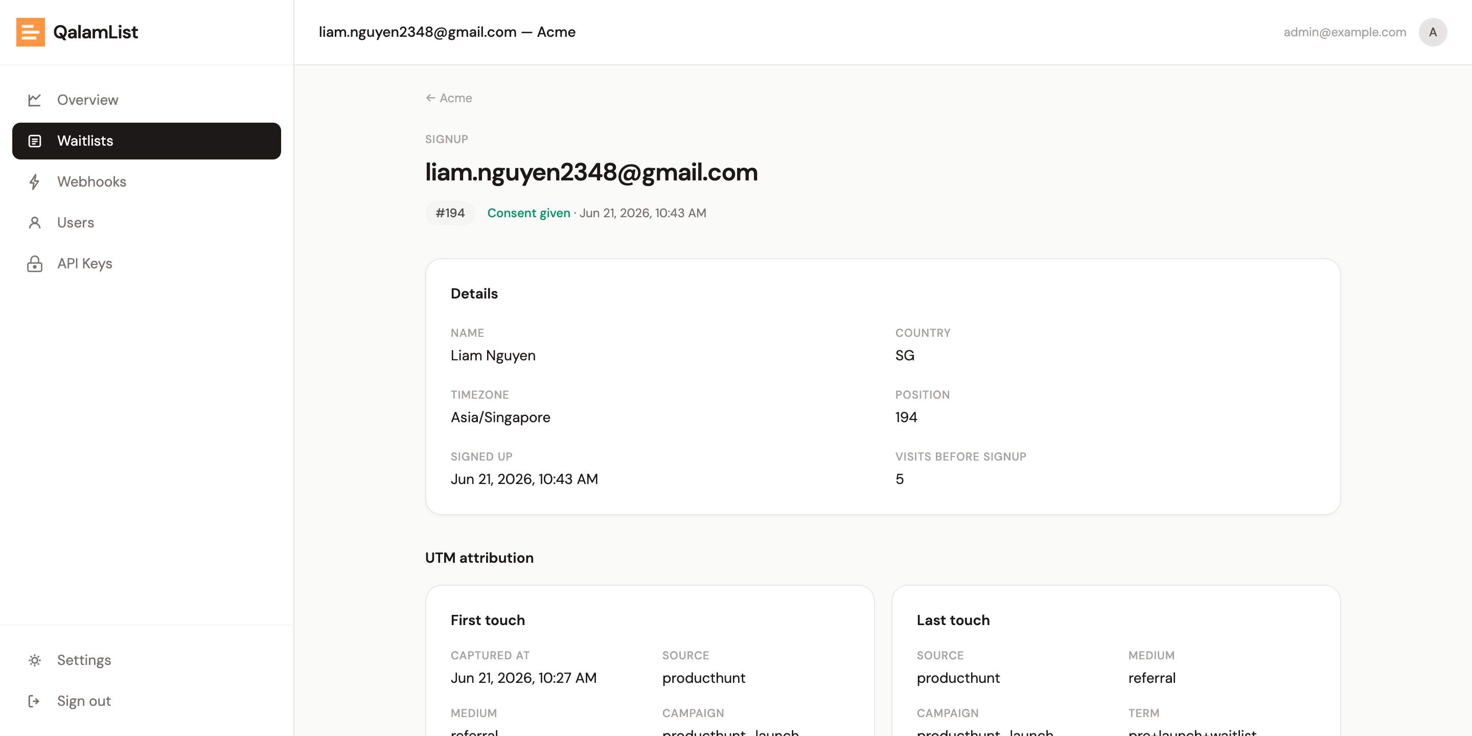 QalamList signup detail — first and last touch UTM attribution, device, and visitor metadata