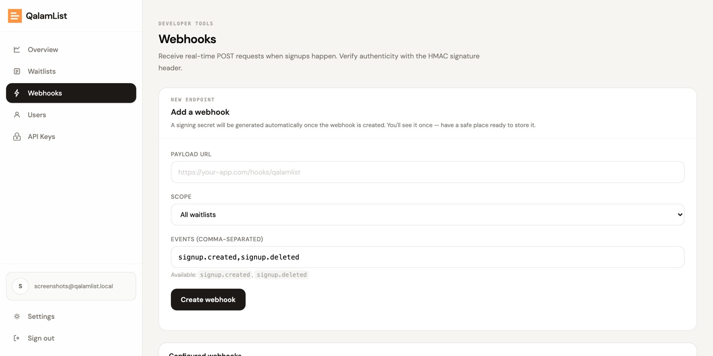 QalamList webhooks configuration