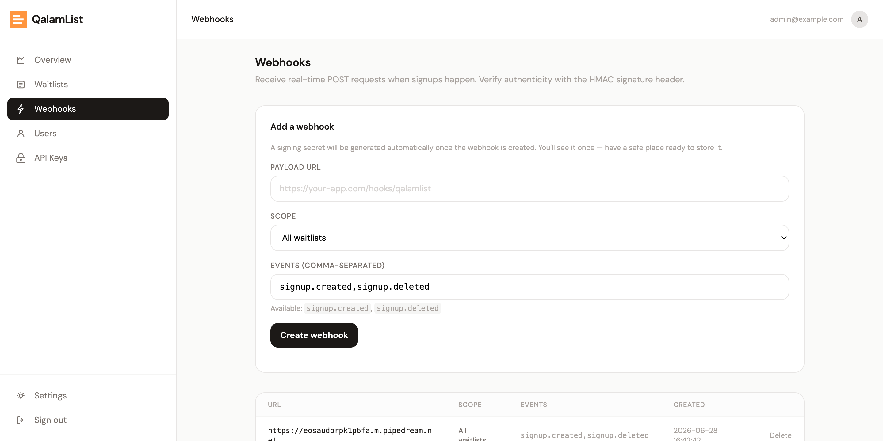 QalamList webhooks — configure payload URLs, event filters, and HMAC signature verification